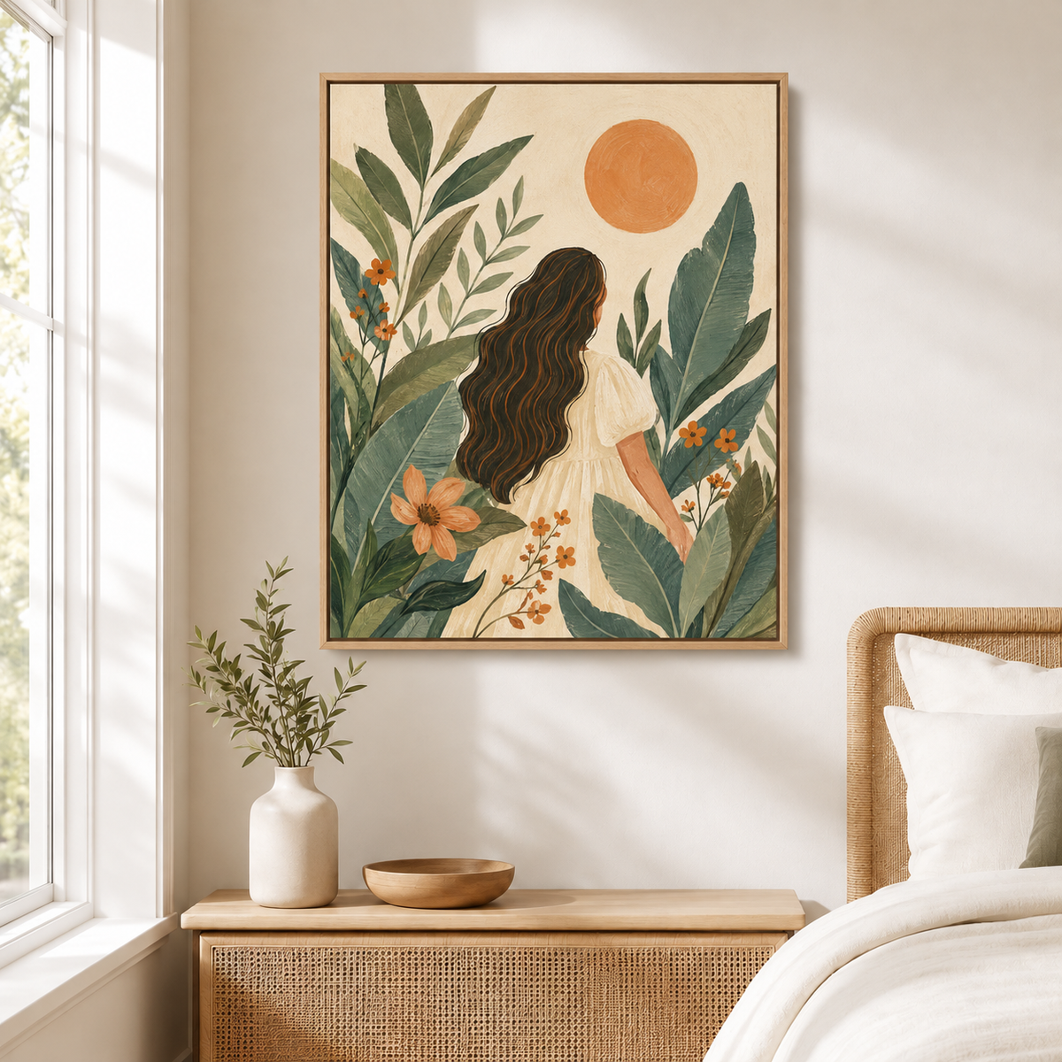 Boho Woman with Tropical Leaves Canvas Wall Art