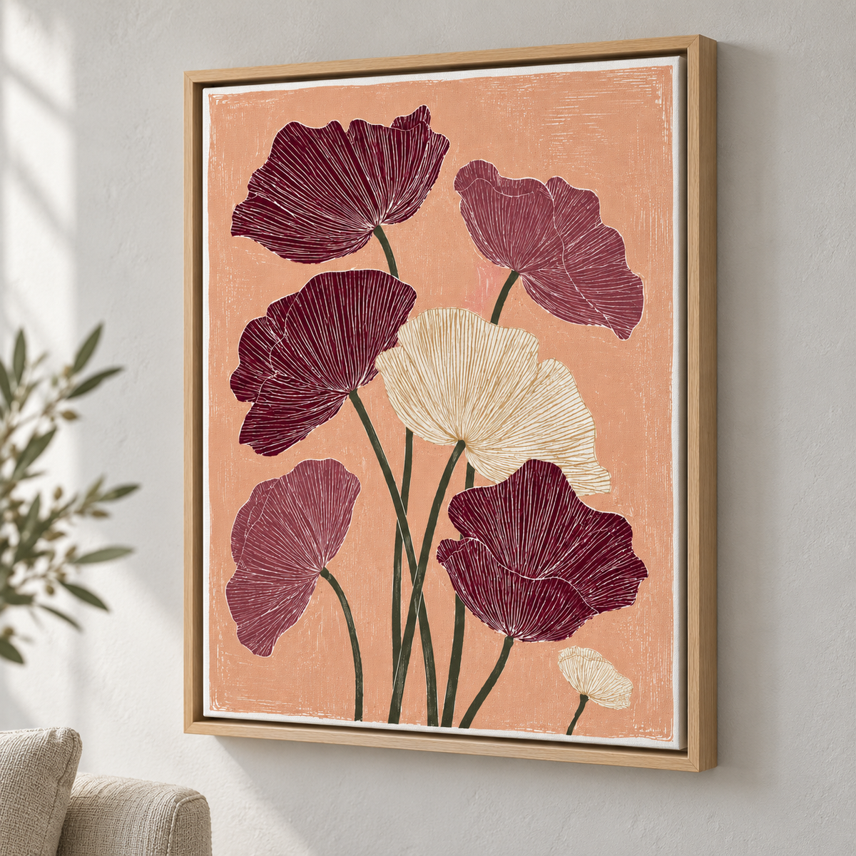 Burgundy and Cream Boho Floral Canvas Wall Art - canvas detail view 5