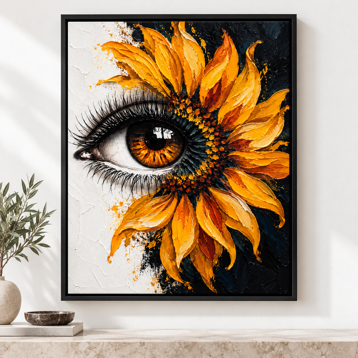 Golden Sunflower Eye Surreal Floral Canvas Wall Art