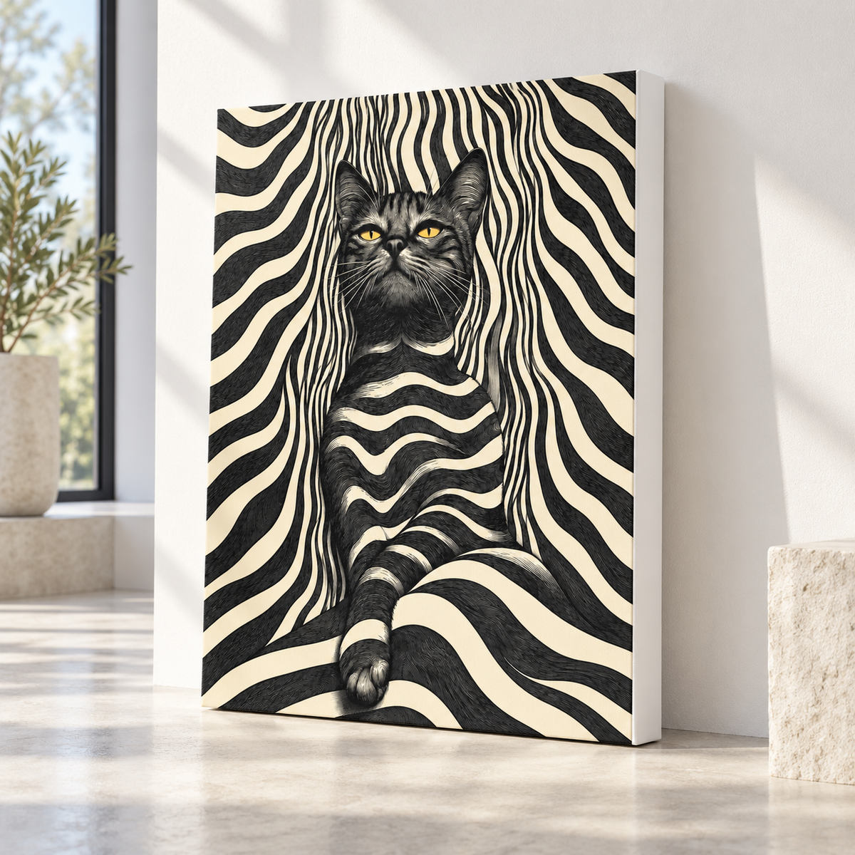 Black Cat Optical Illusion Striped Canvas Wall Art - canvas detail view 7