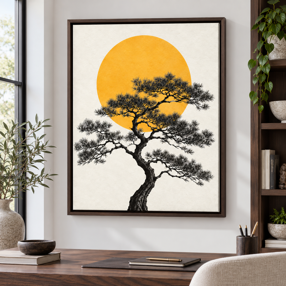 Japanese Pine Tree with Golden Sun Canvas Wall Art