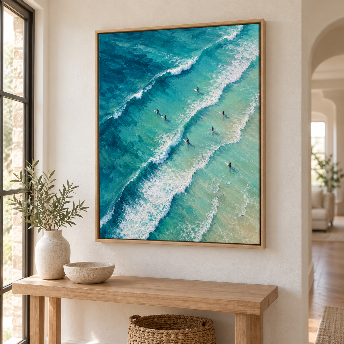 Turquoise Ocean Waves and Surfers Canvas Wall Art