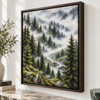 Misty Evergreen Forest and Mountain Stream Canvas Wall Art