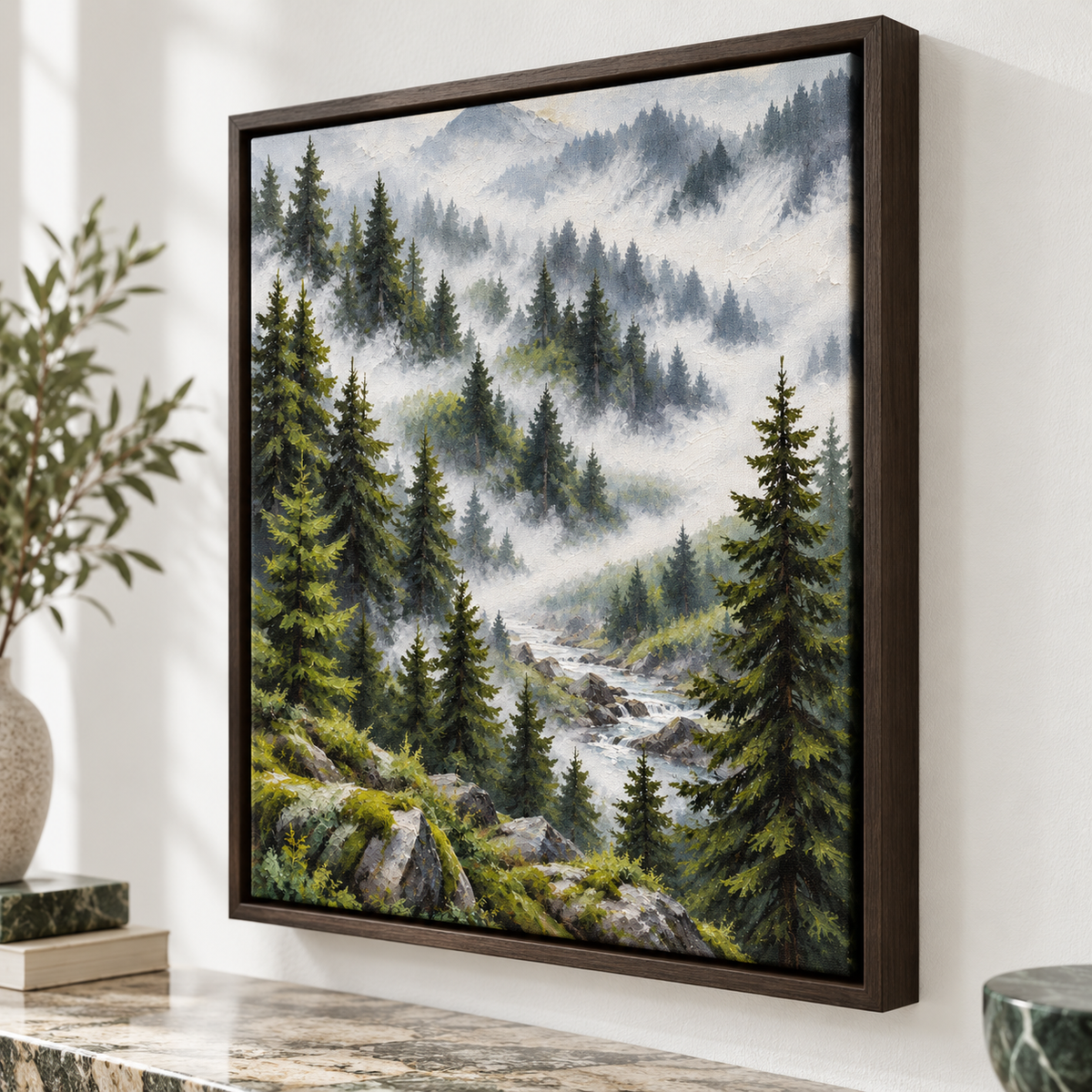 Misty Evergreen Forest and Mountain Stream Canvas Wall Art