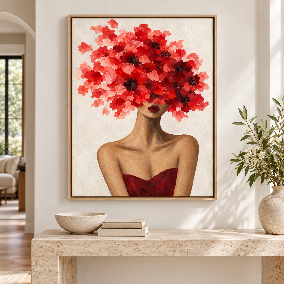 Red Floral Woman Portrait Canvas Wall Art