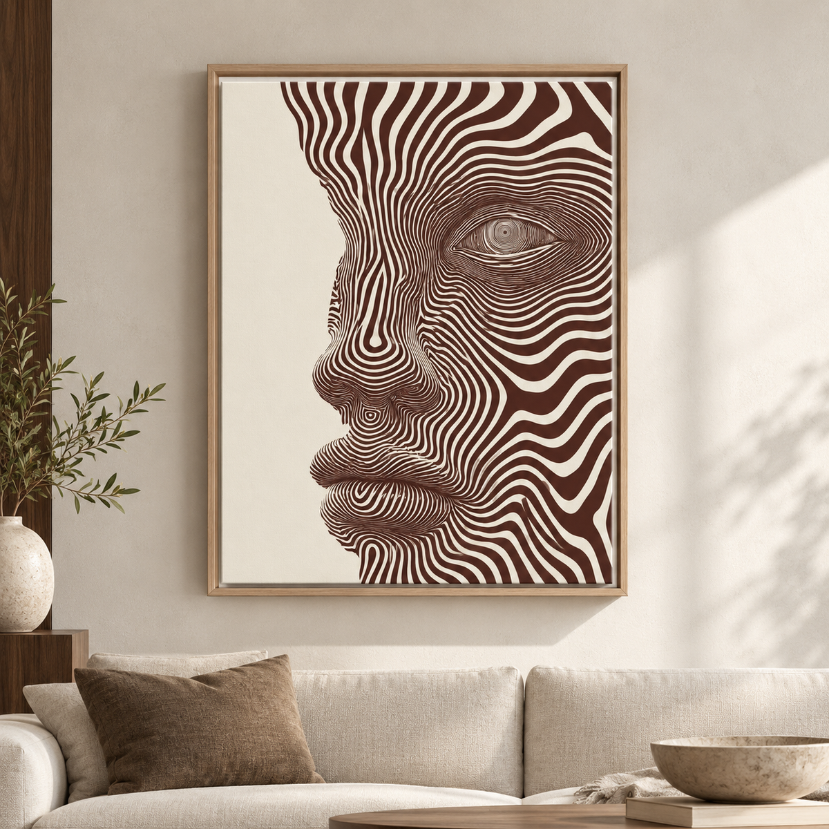 Brown and Cream Abstract Face Line Art Canvas Wall Art - main canvas artwork