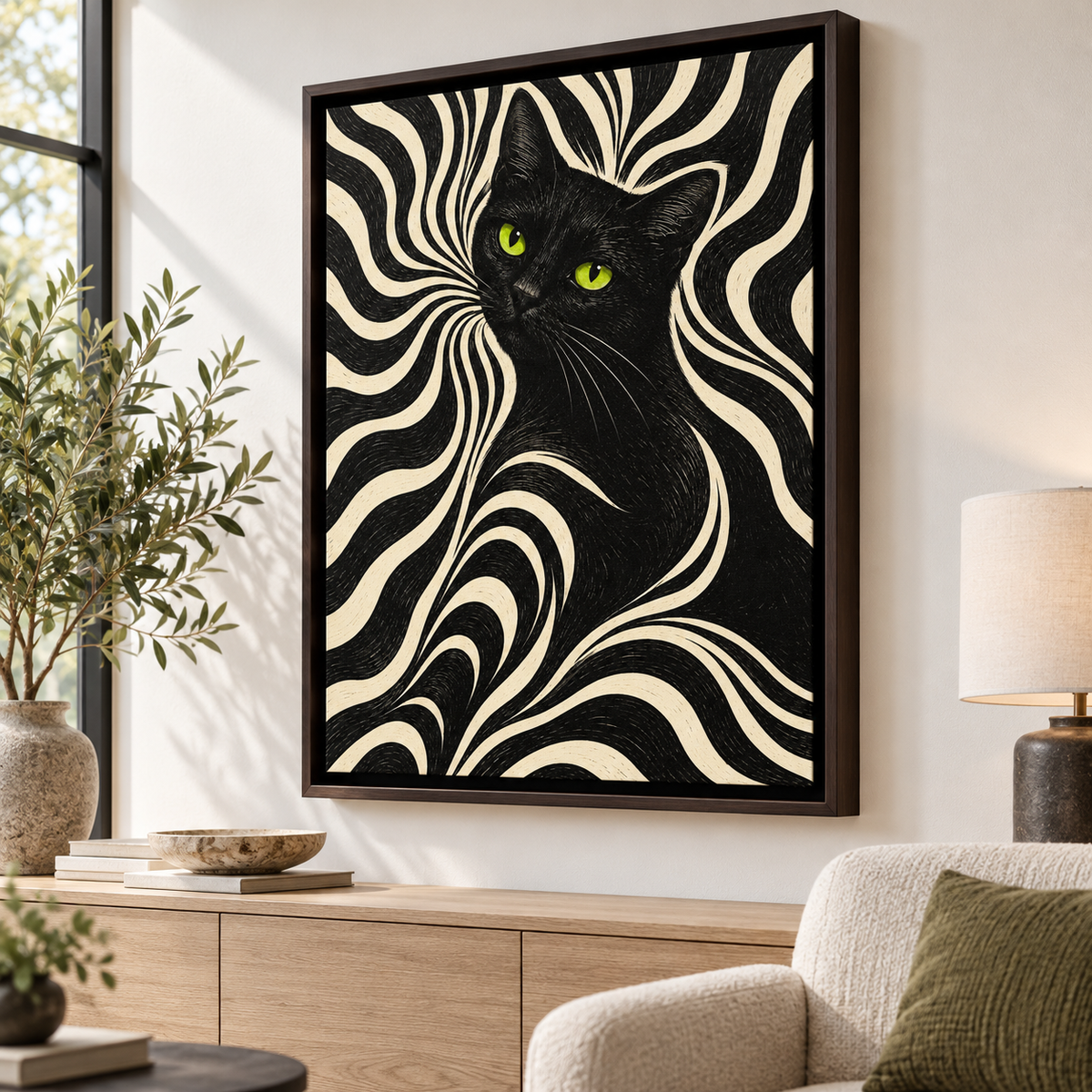 Retro Black Cat with Psychedelic Swirls Canvas Wall Art