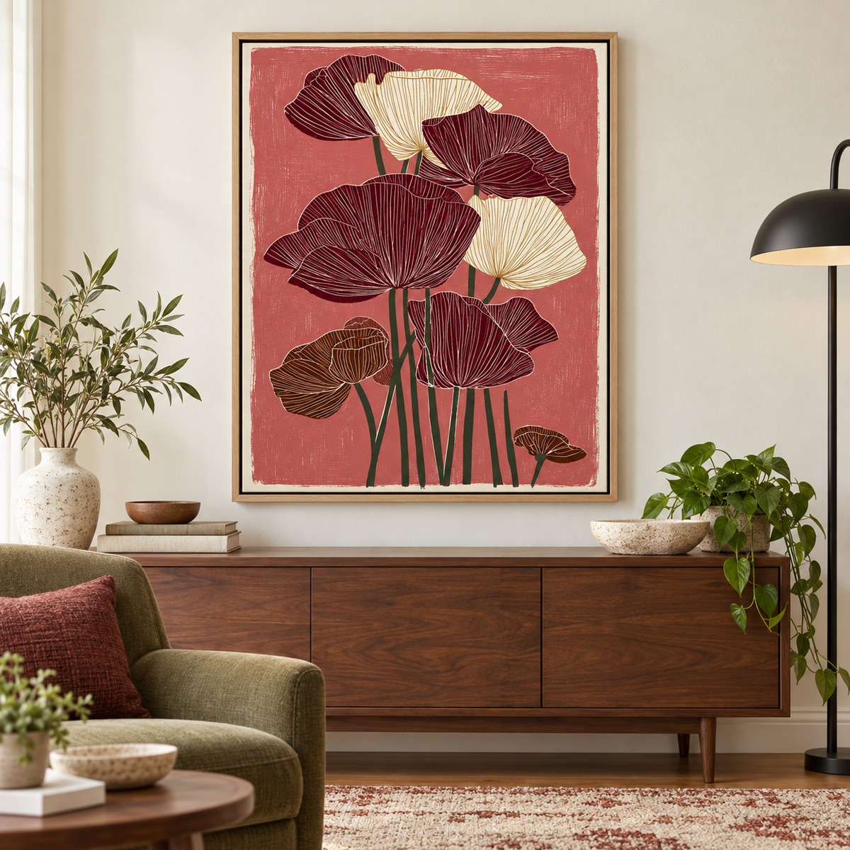 Burgundy and Cream Poppy Flowers Canvas Wall Art