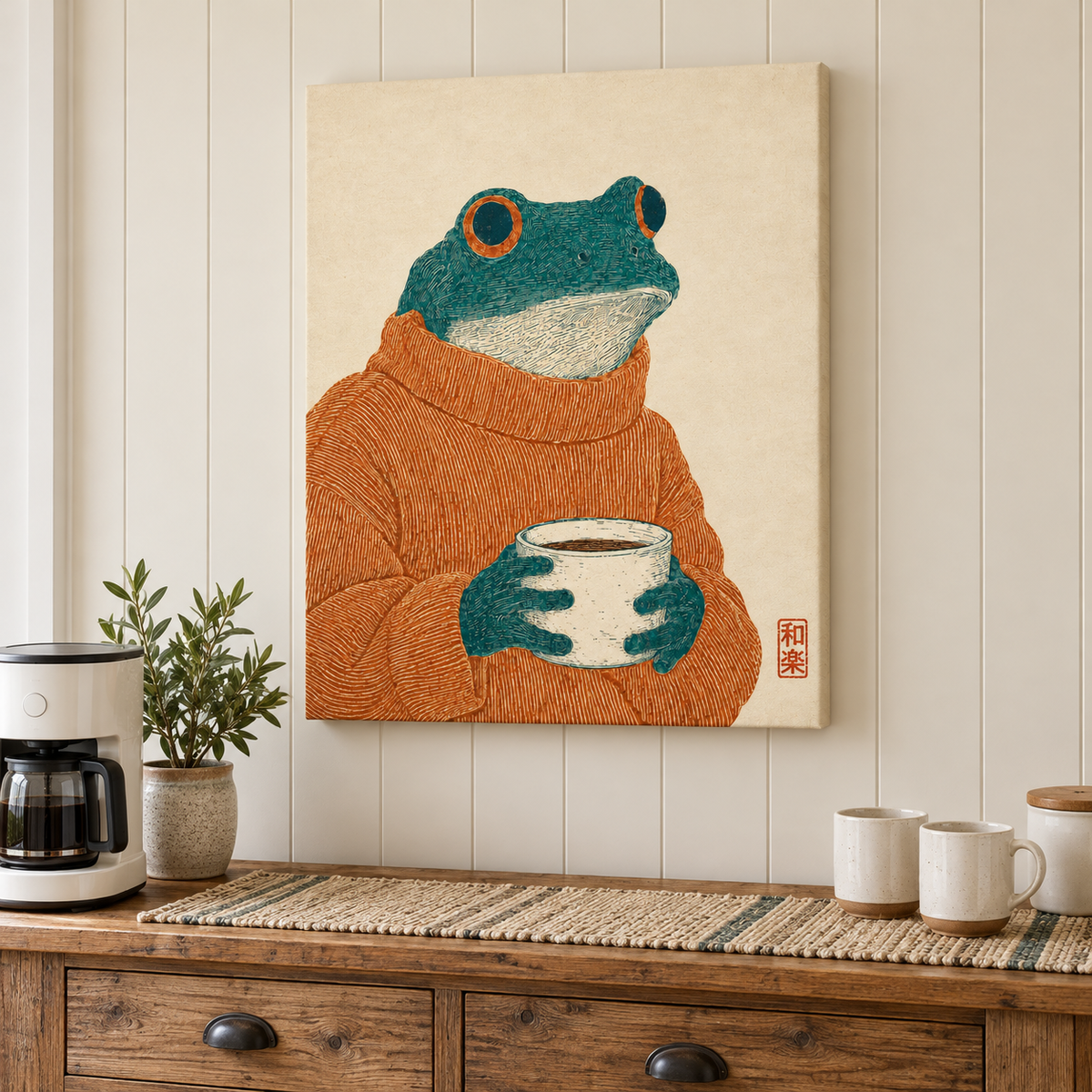 Cozy Frog with Coffee Canvas Wall Art