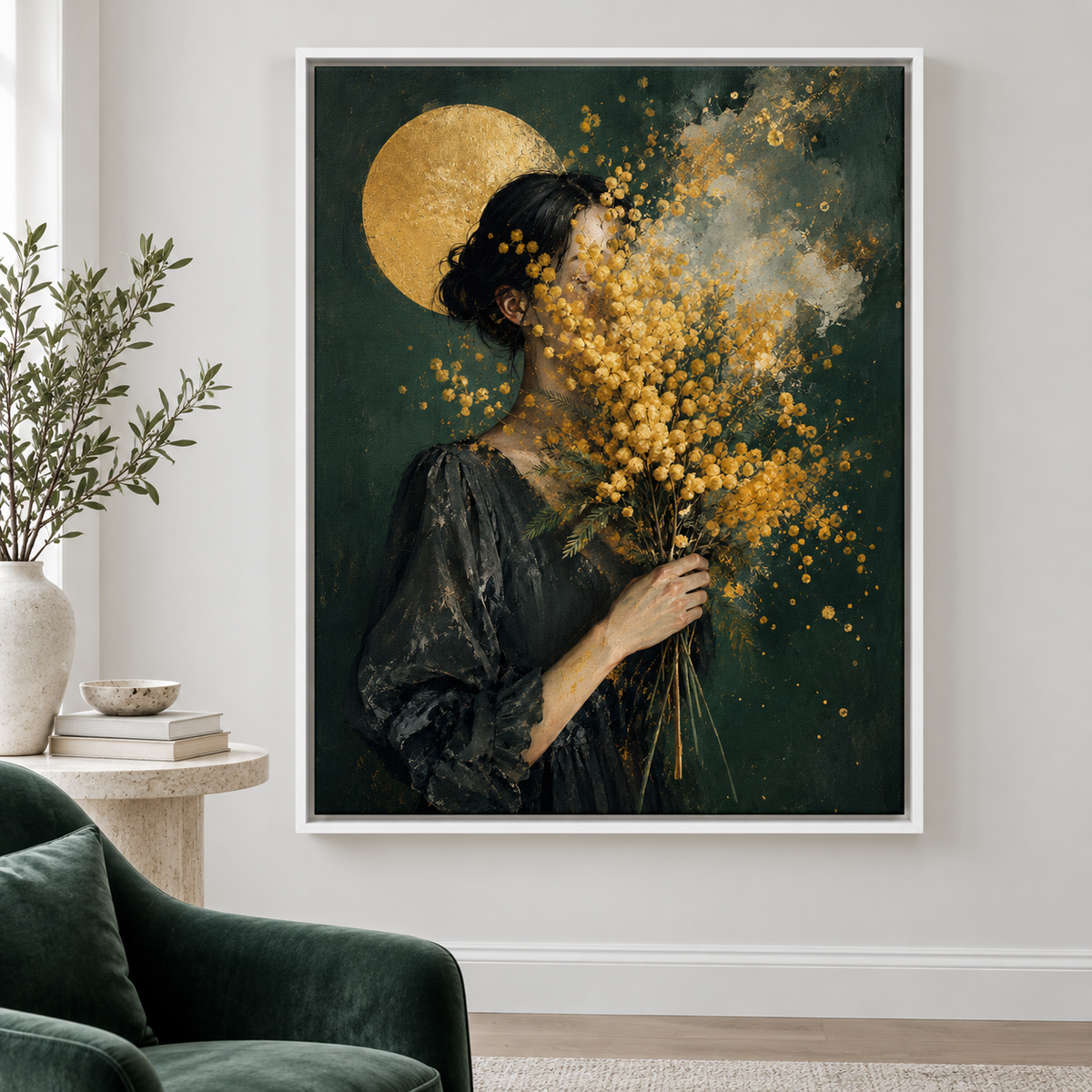 Woman with Golden Flowers Portrait Canvas Wall Art - canvas detail view 4