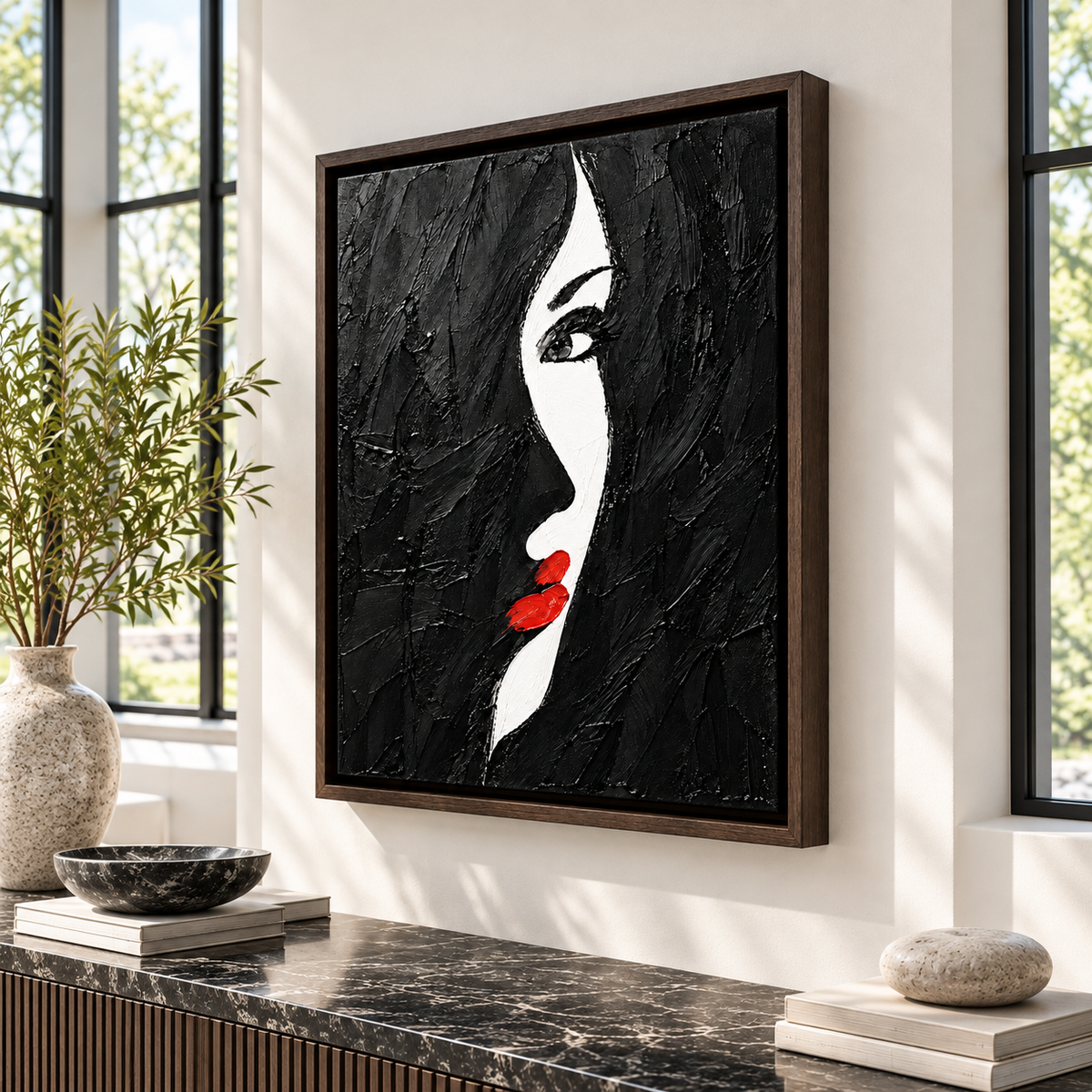 Black and White Woman Red Lips Canvas Wall Art