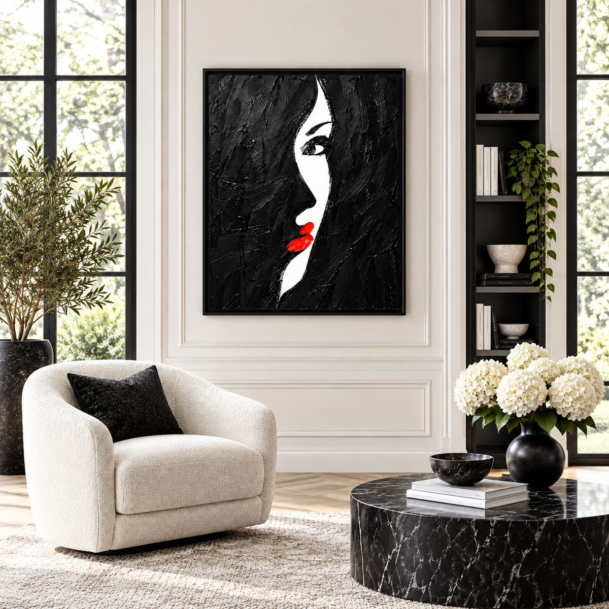 Black and White Woman Red Lips Canvas Wall Art