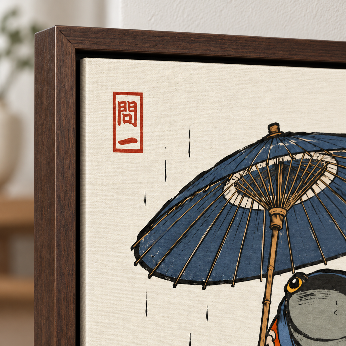 Japanese Frog in Orange Kimono with Umbrella Canvas Wall Art