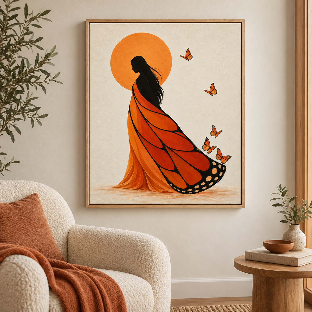 Orange Butterfly Dress Woman Canvas Wall Art