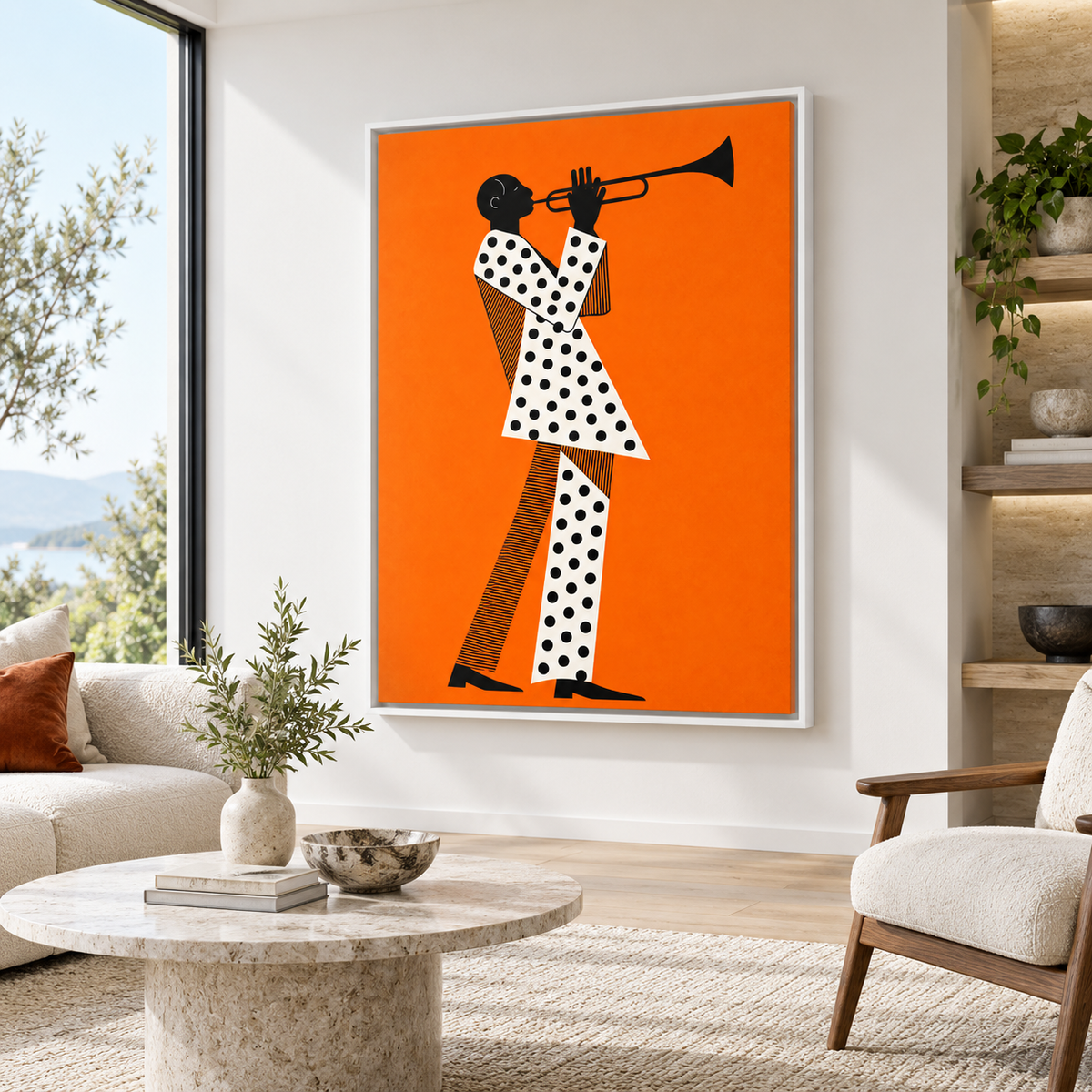 Orange Jazz Trumpet Player Canvas Wall Art - lifestyle room mockup