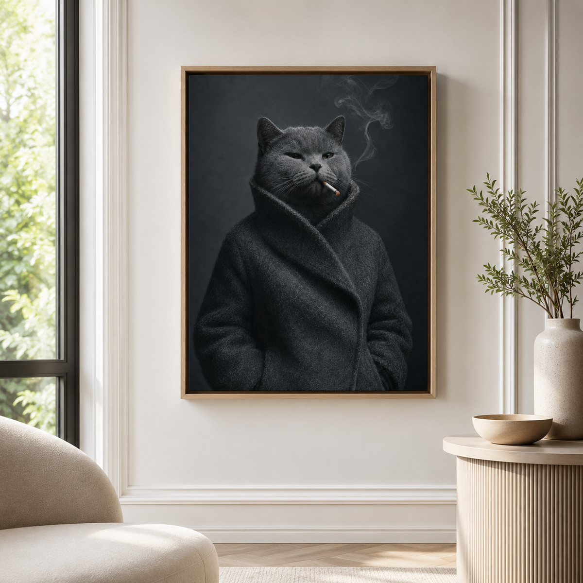 Custom Moody Gray Cat Portrait Canvas Wall Art