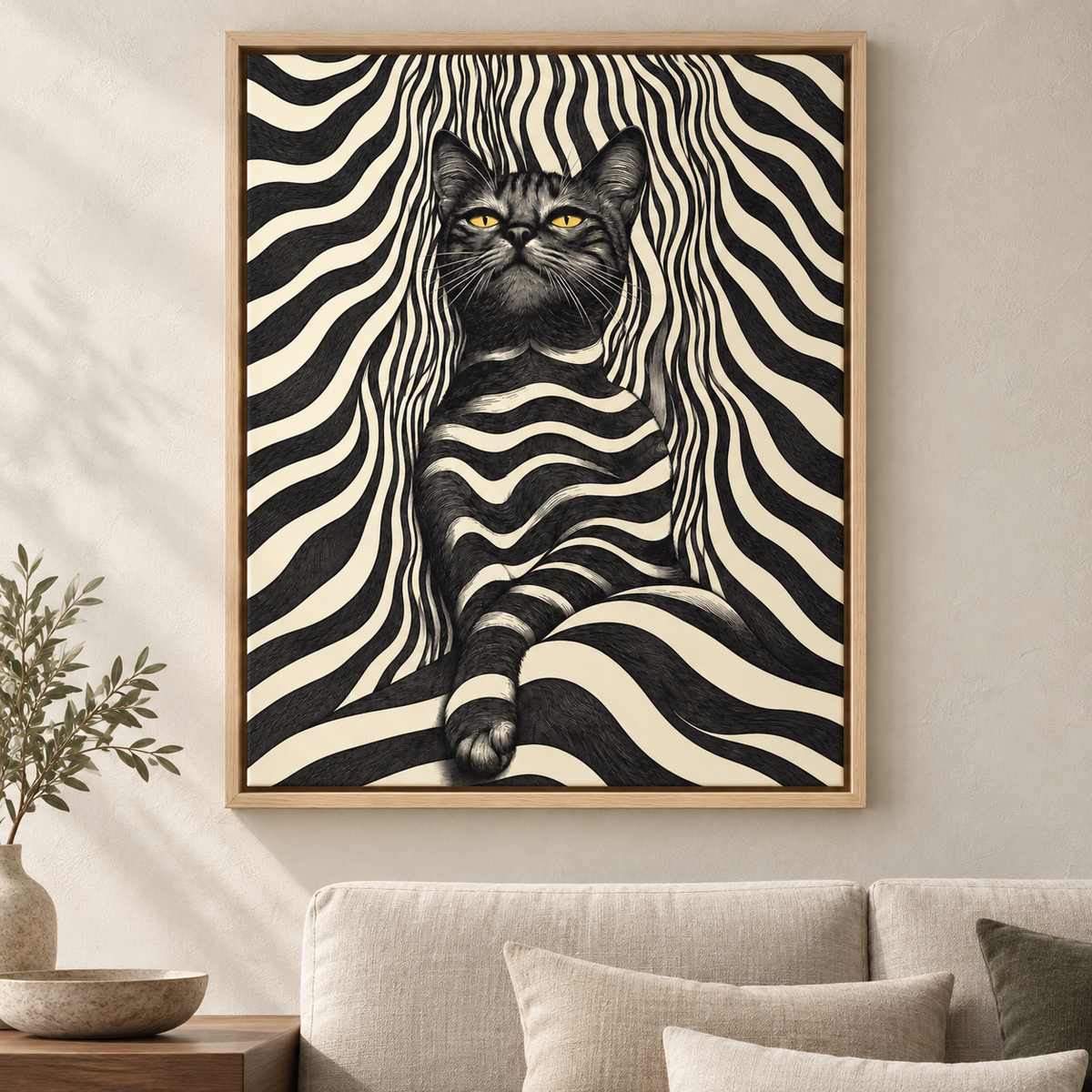 Black Cat Optical Illusion Striped Canvas Wall Art - main canvas artwork