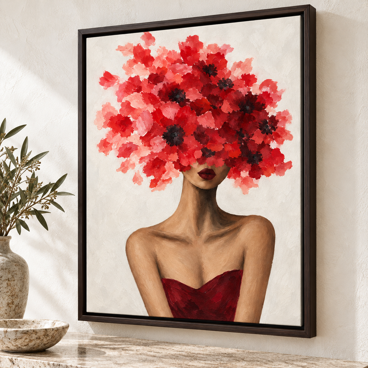 Red Floral Woman Portrait Canvas Wall Art