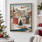 Snowy Christmas Village with Santa Sleigh Canvas Wall Art - lifestyle room mockup
