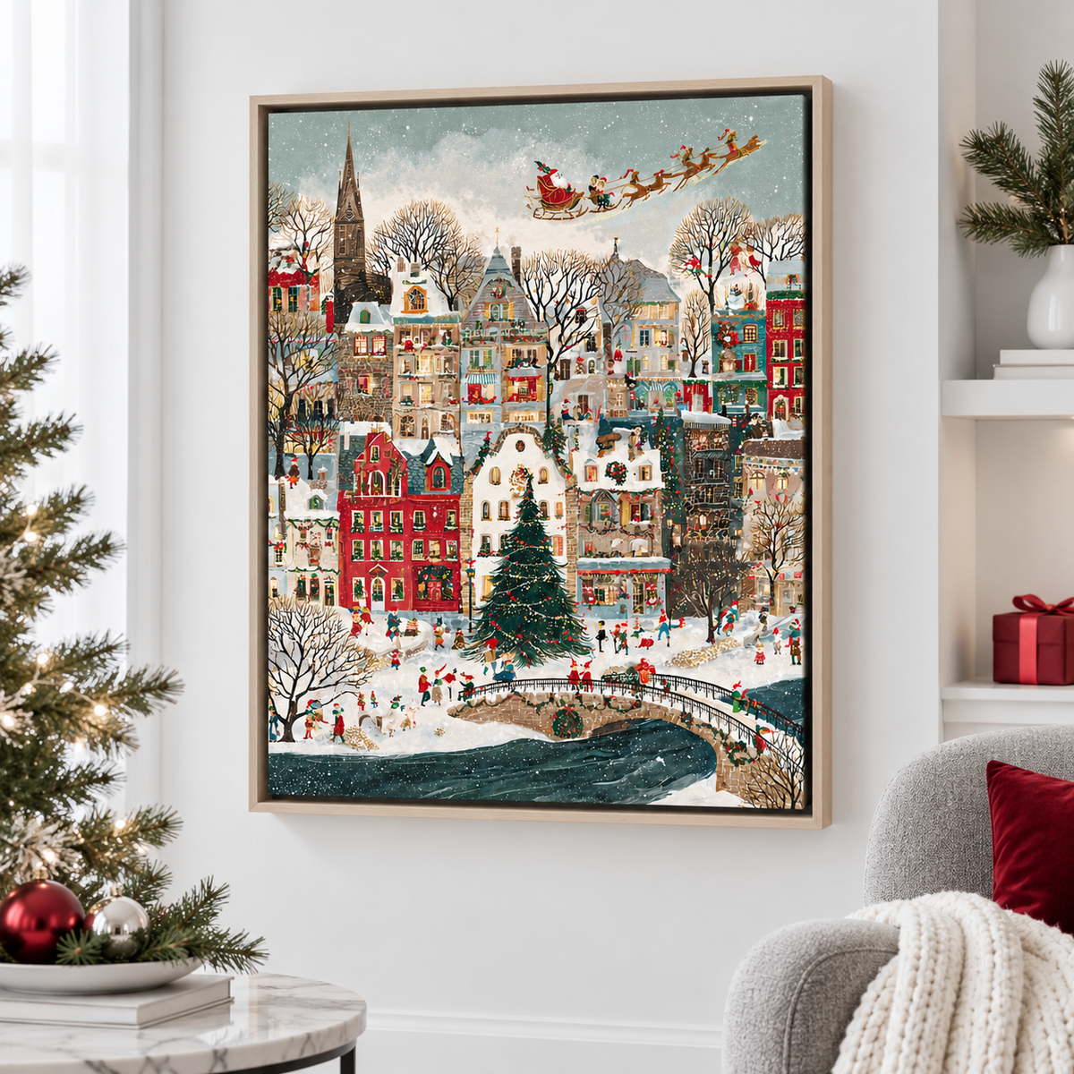 Snowy Christmas Village with Santa Sleigh Canvas Wall Art - lifestyle room mockup
