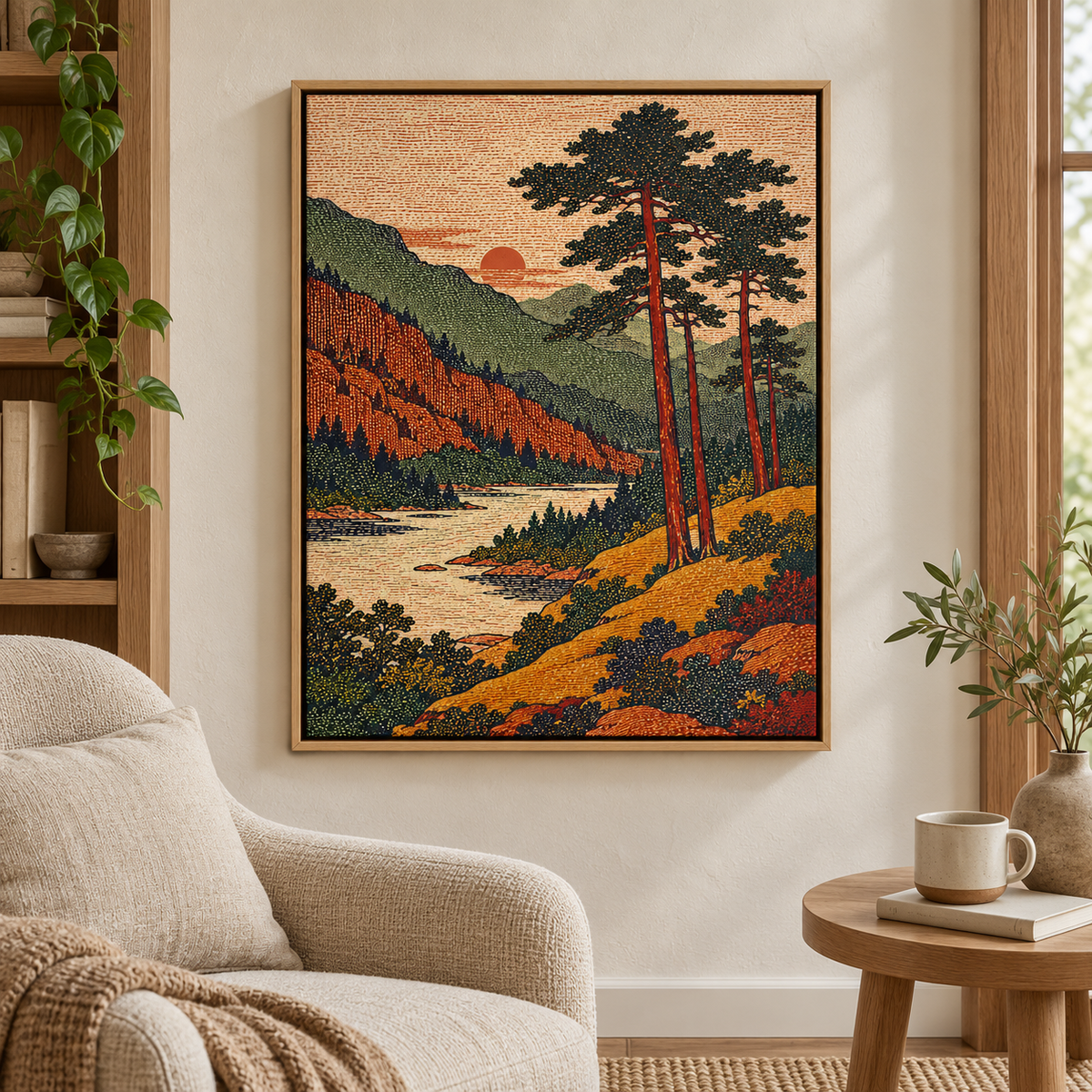 Vintage Pine Forest and Mountain Lake Canvas Wall Art