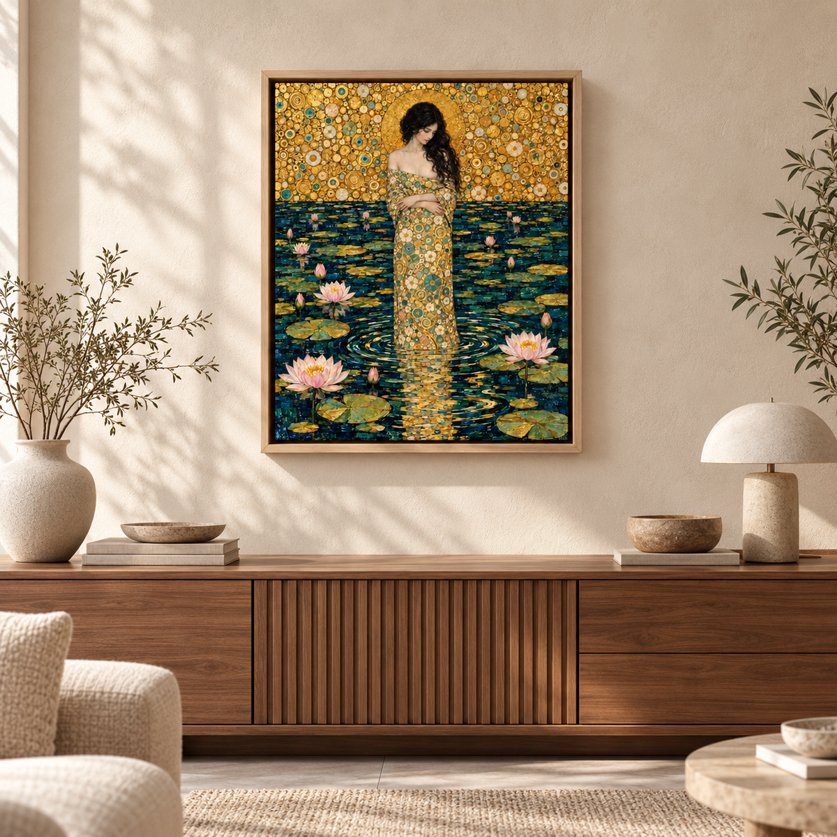 Golden Lotus Woman Art Nouveau Canvas Wall Art - lifestyle room mockup