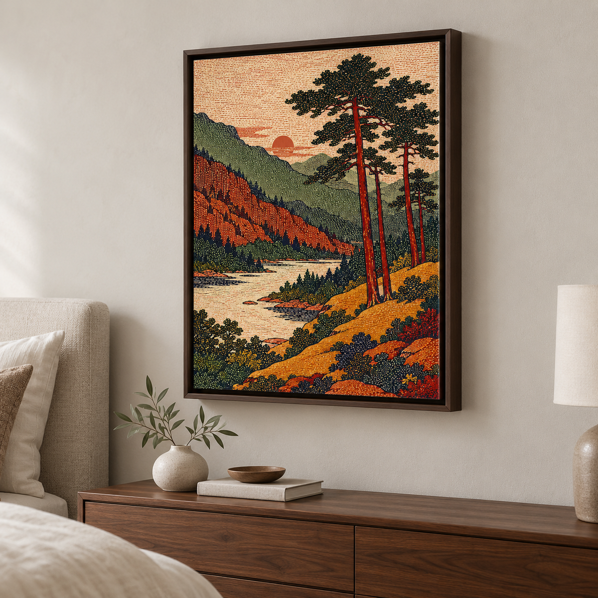 Vintage Pine Forest and Mountain Lake Canvas Wall Art