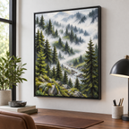 Misty Evergreen Forest and Mountain Stream Canvas Wall Art
