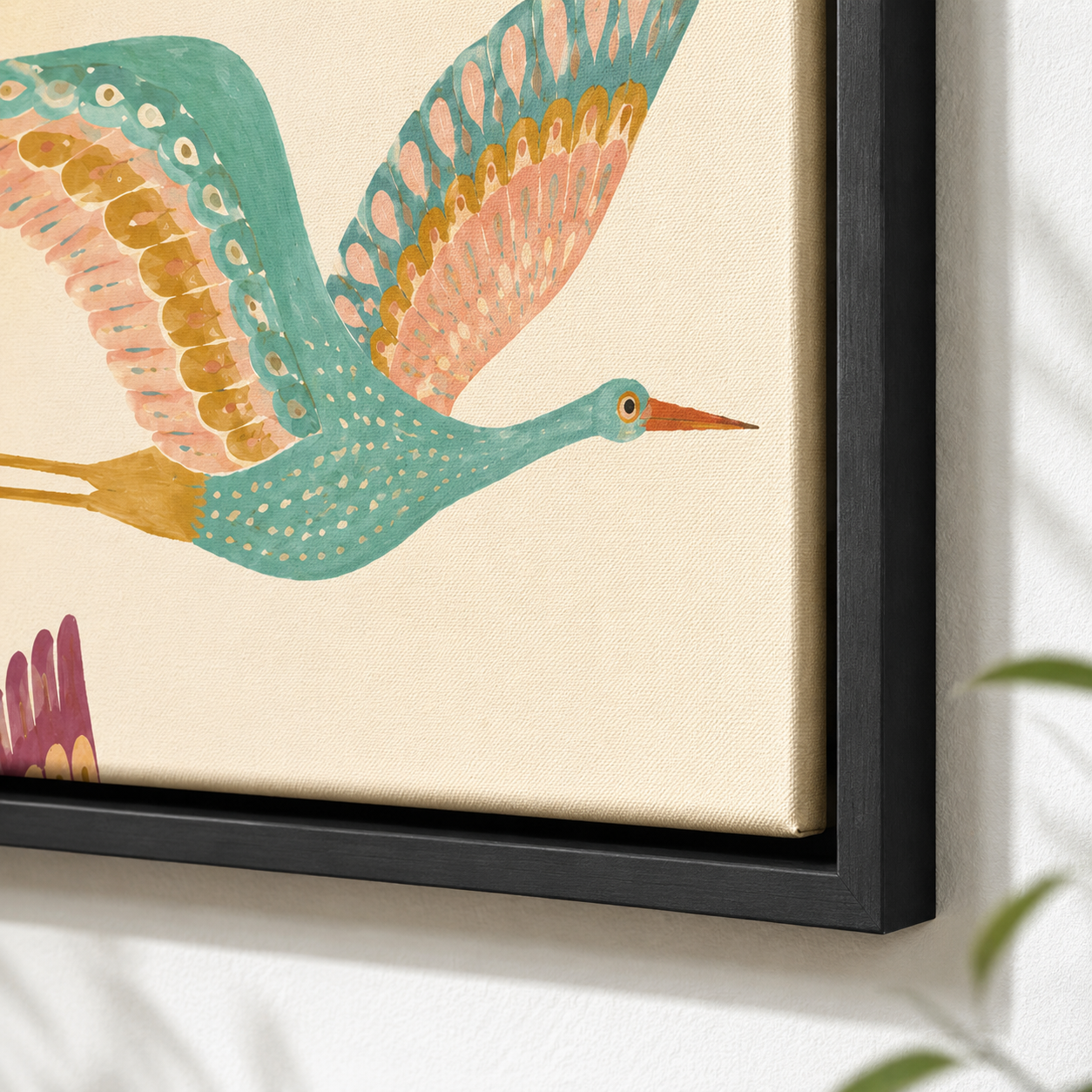 Colorful crane canvas wall art black frame close-up
