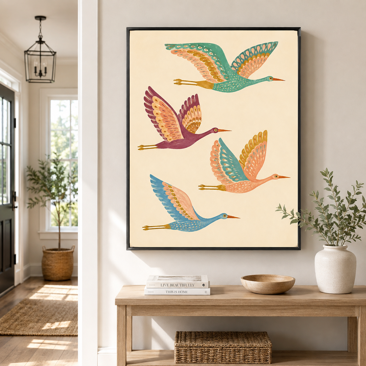 Colorful crane canvas wall art entryway mockup
