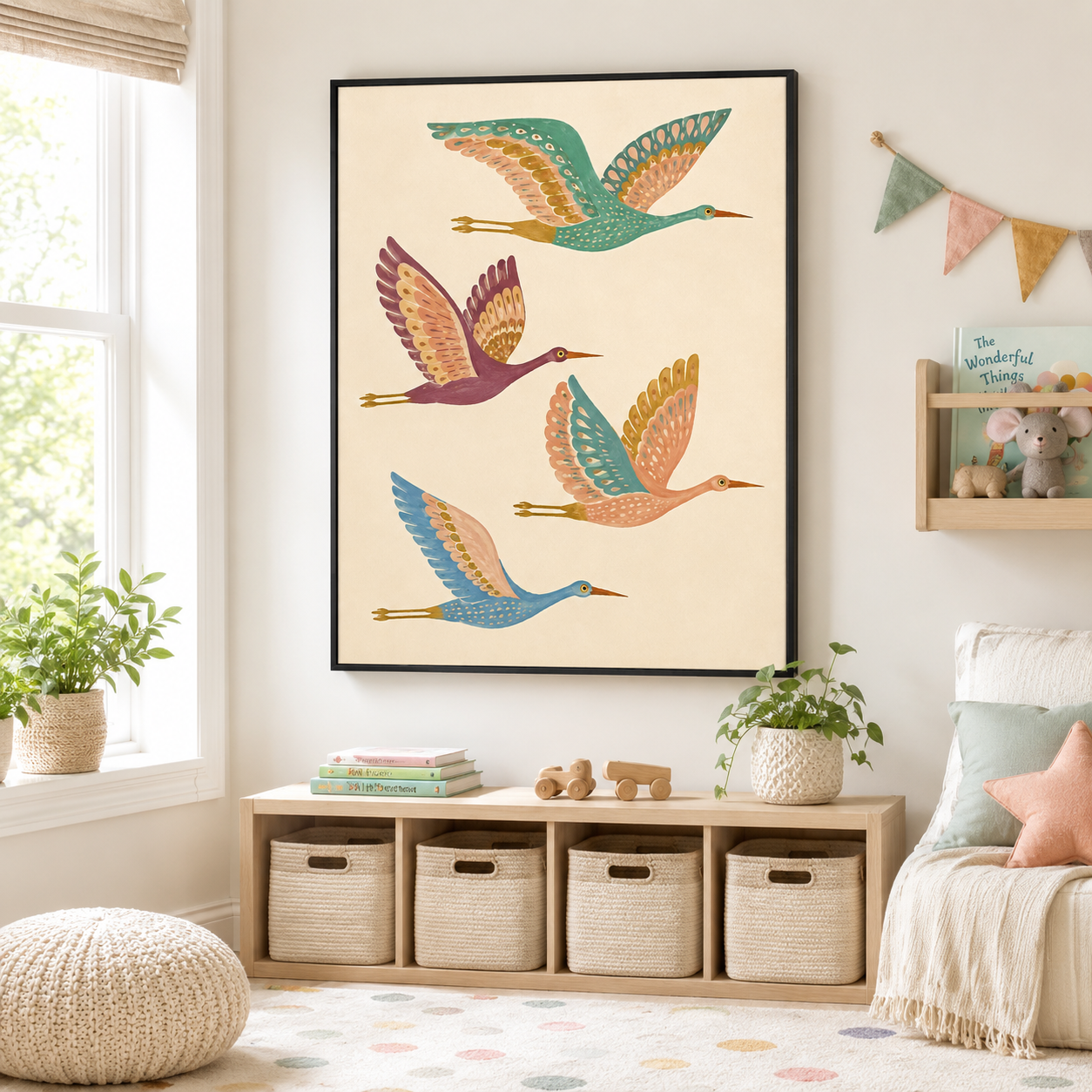 Colorful crane canvas wall art kids room mockup