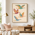 Colorful crane canvas wall art in living room mockup