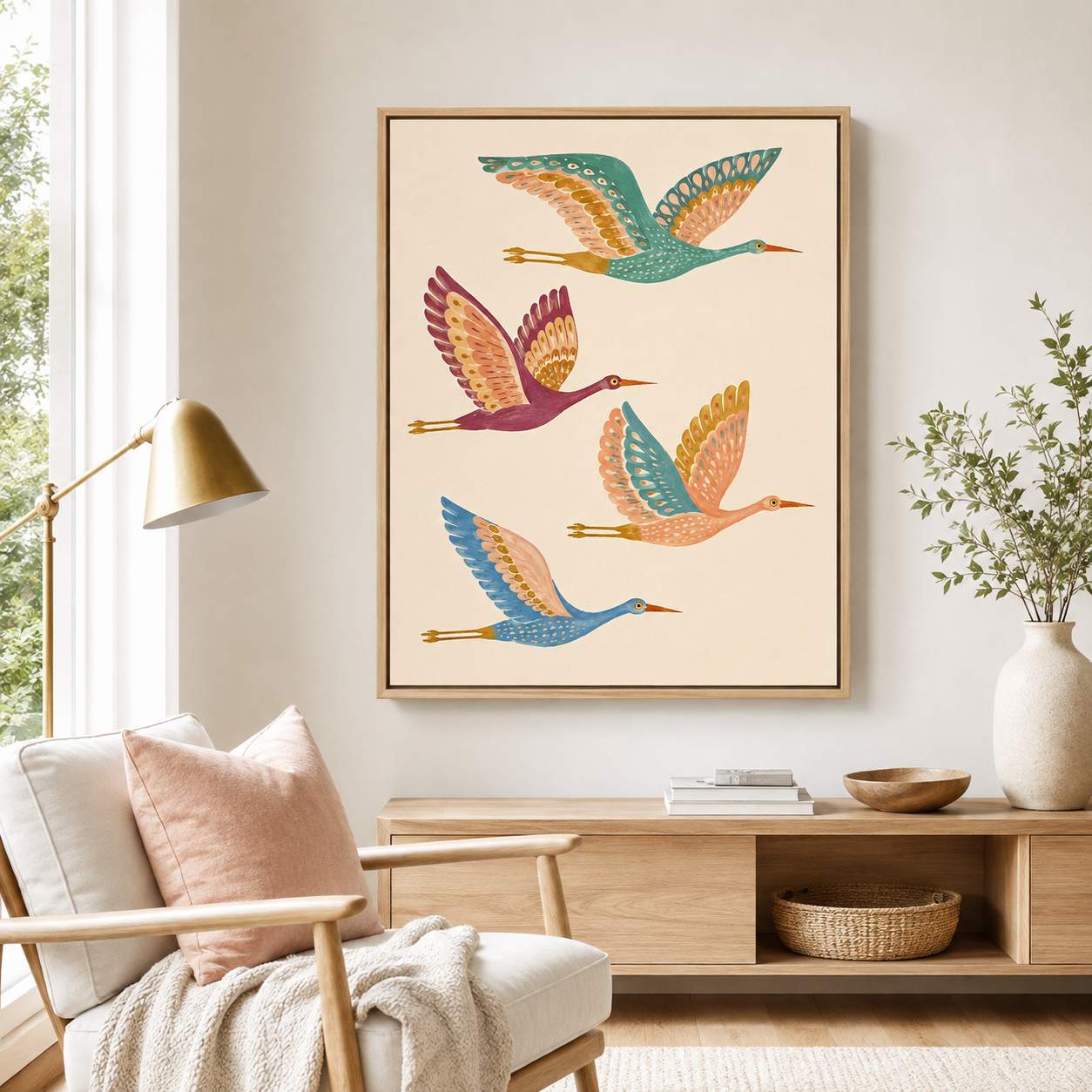 Colorful crane canvas wall art in living room mockup