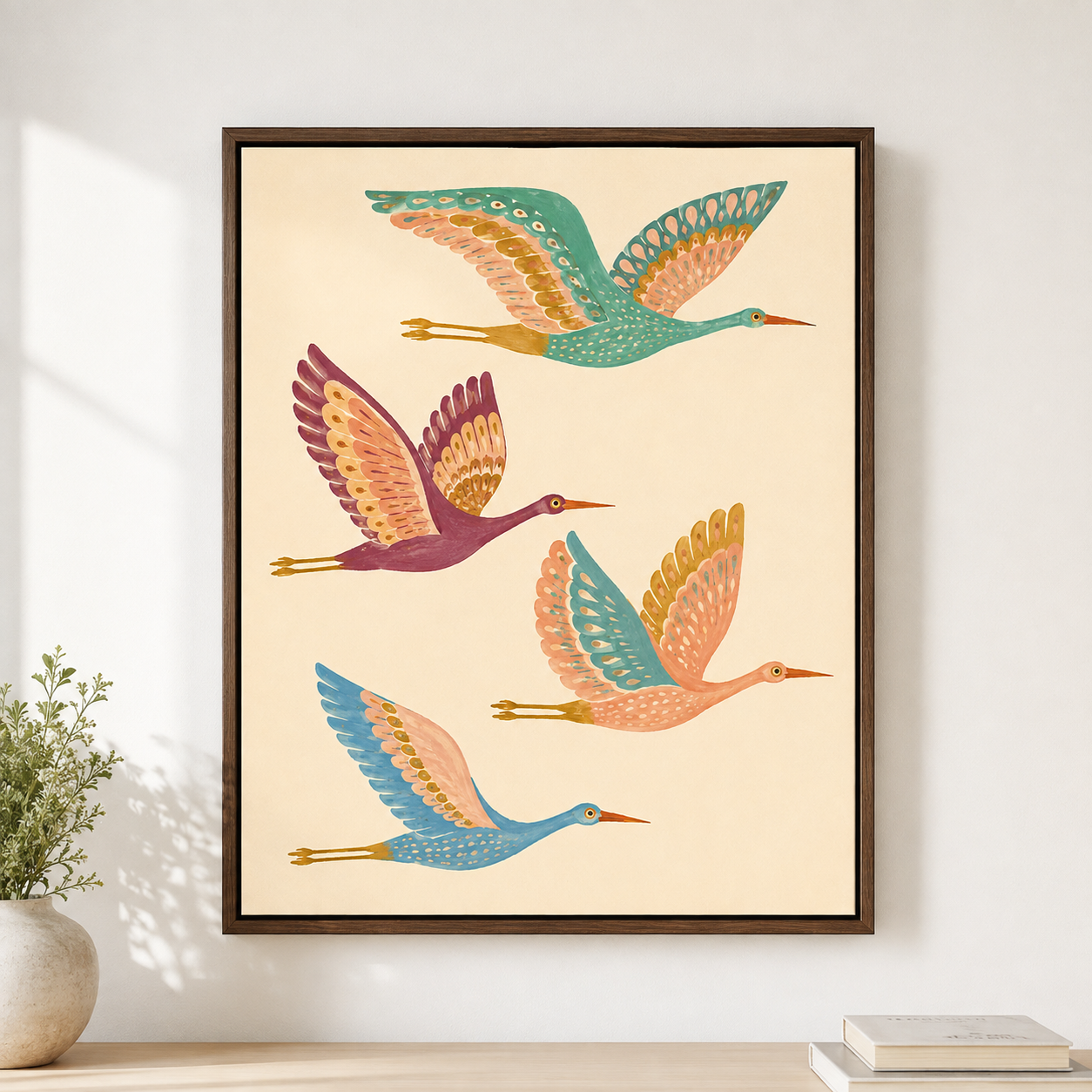 Colorful crane canvas wall art espresso frame mockup