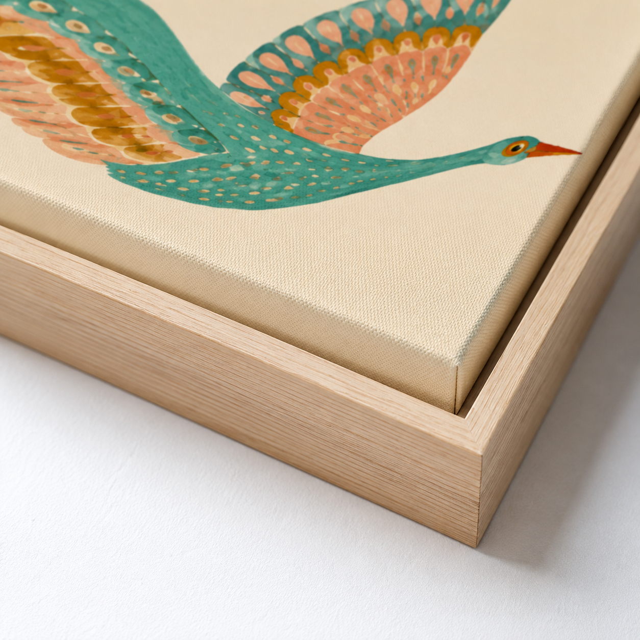Colorful crane canvas wall art natural frame close-up