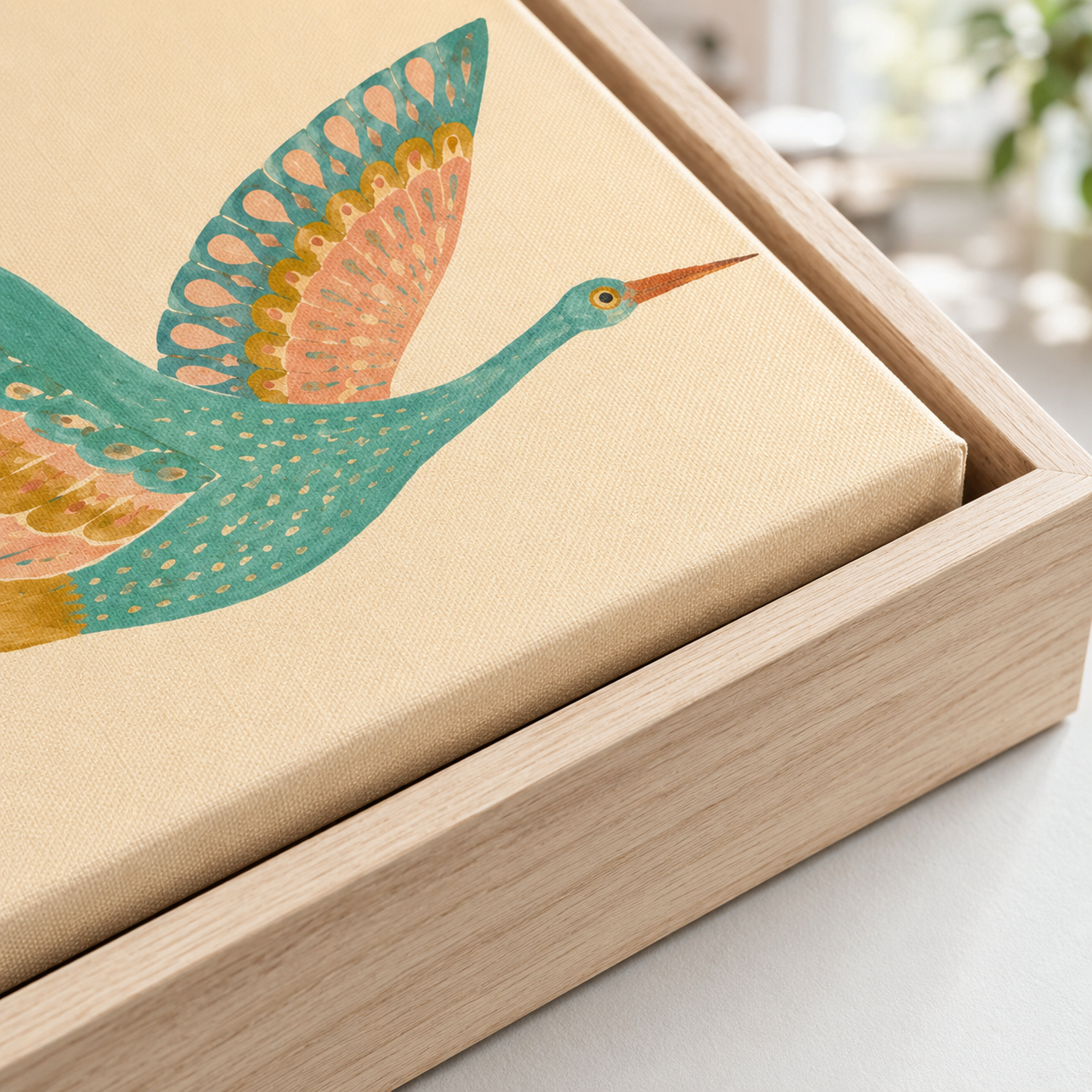Colorful crane canvas wall art natural frame detail