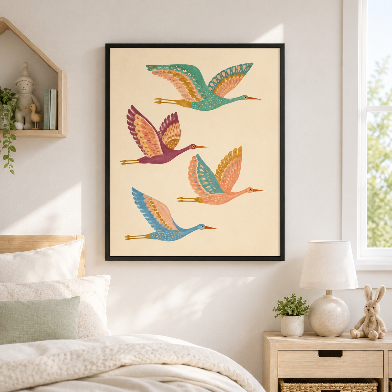 Colorful crane canvas wall art in nursery mockup