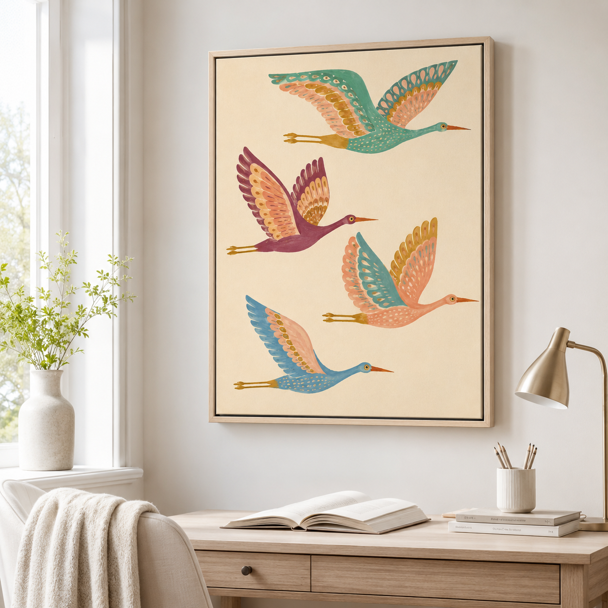 Colorful crane canvas wall art reading corner mockup