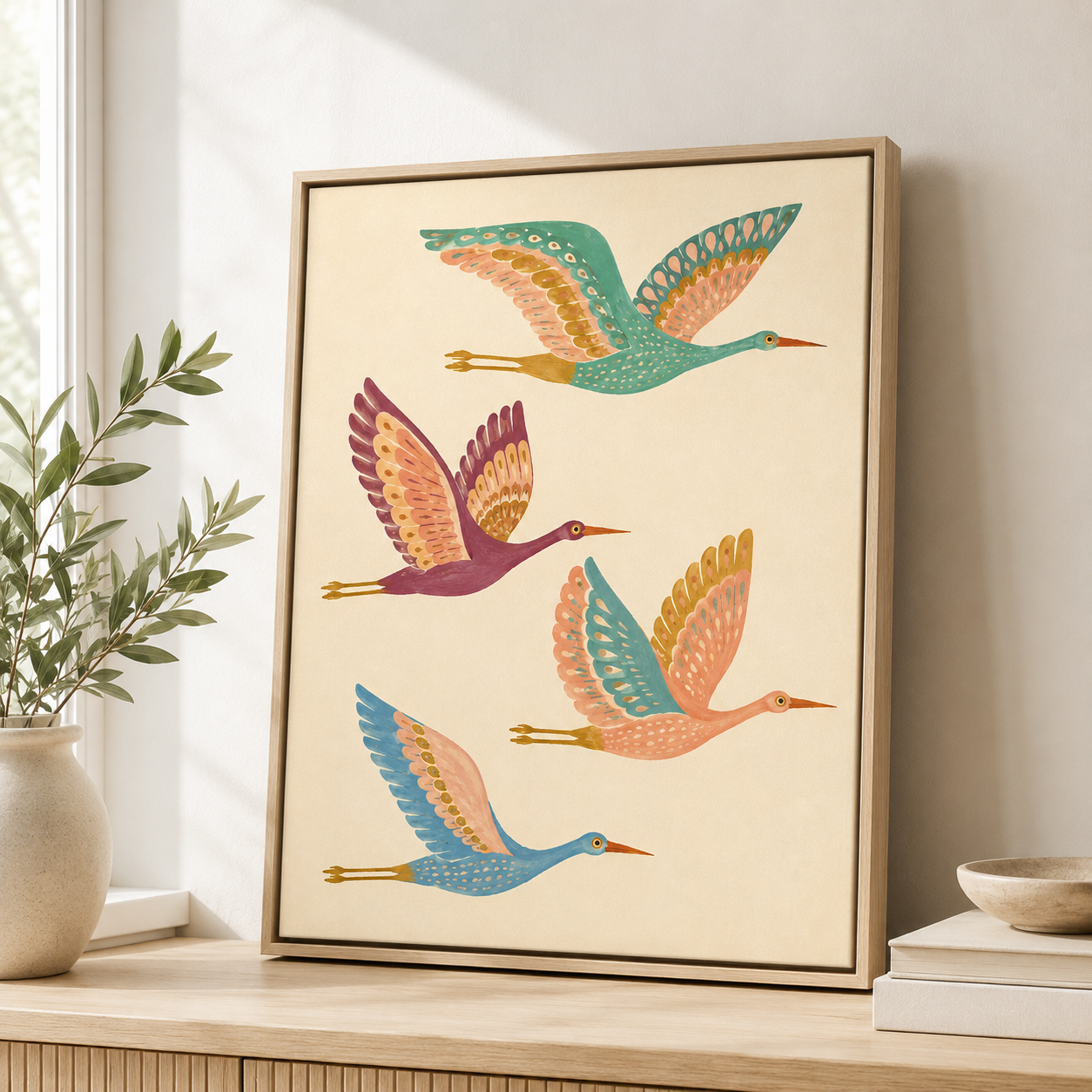 Colorful crane canvas wall art natural frame shelf mockup