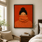 Cozy woman canvas wall art in bedroom mockup