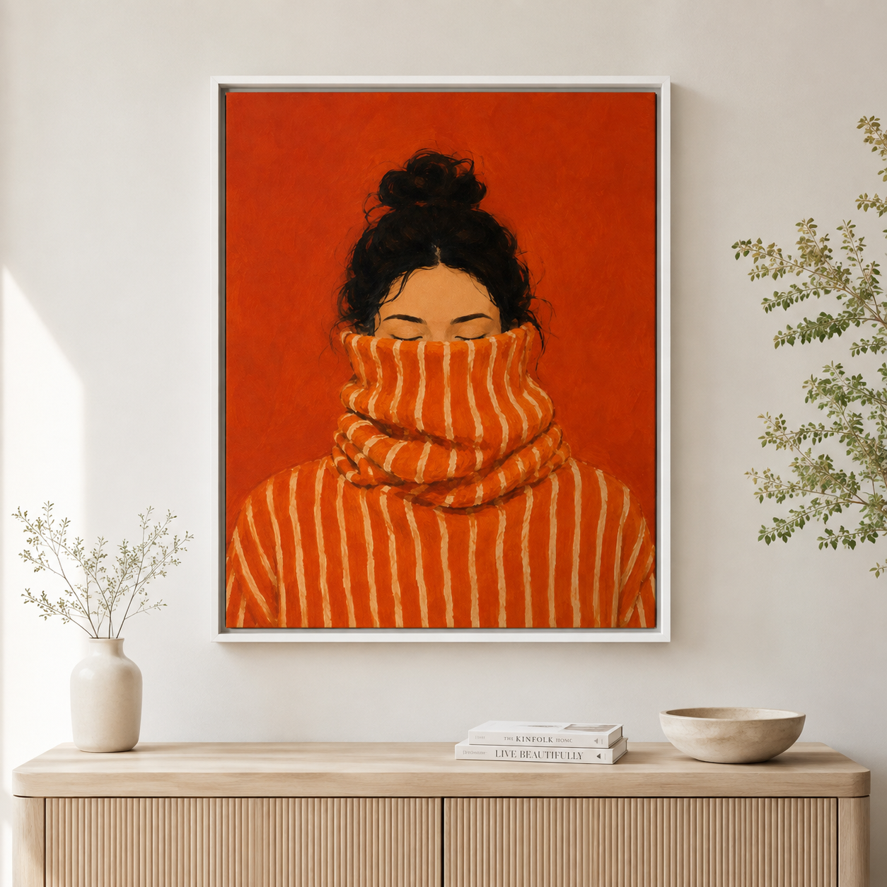 Cozy woman canvas wall art white frame console mockup