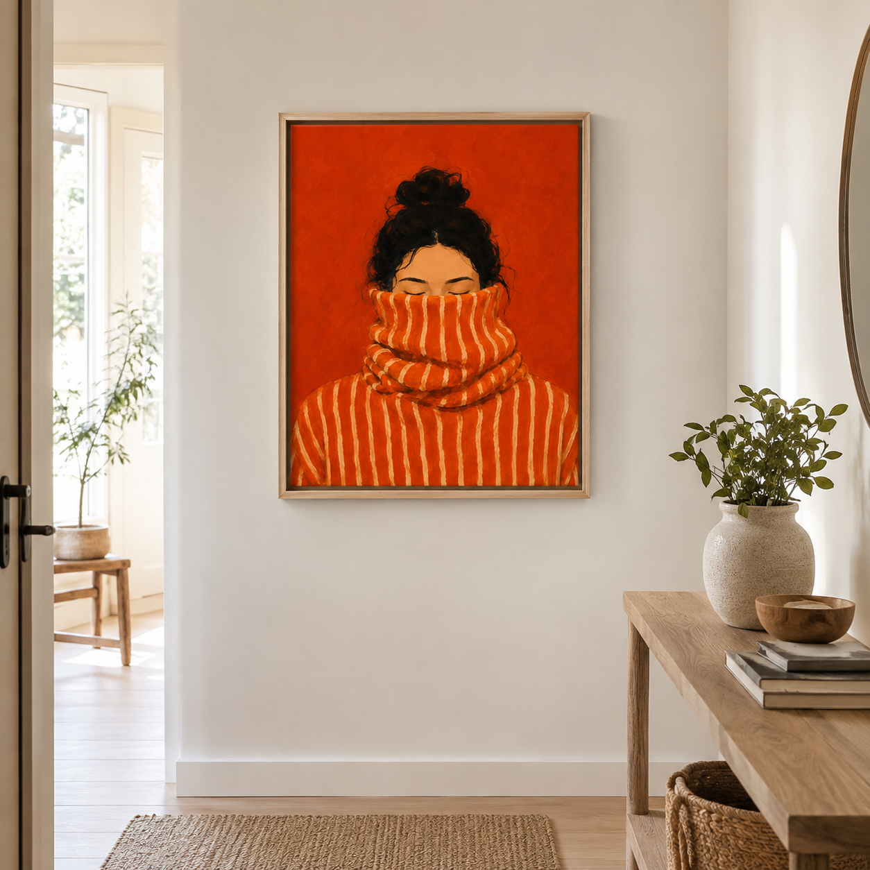 Cozy woman canvas wall art entryway mockup