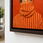 Cozy woman canvas wall art espresso frame close-up