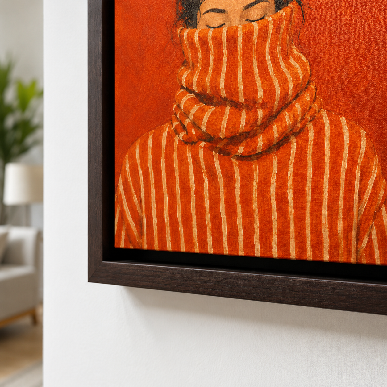 Cozy woman canvas wall art espresso frame close-up