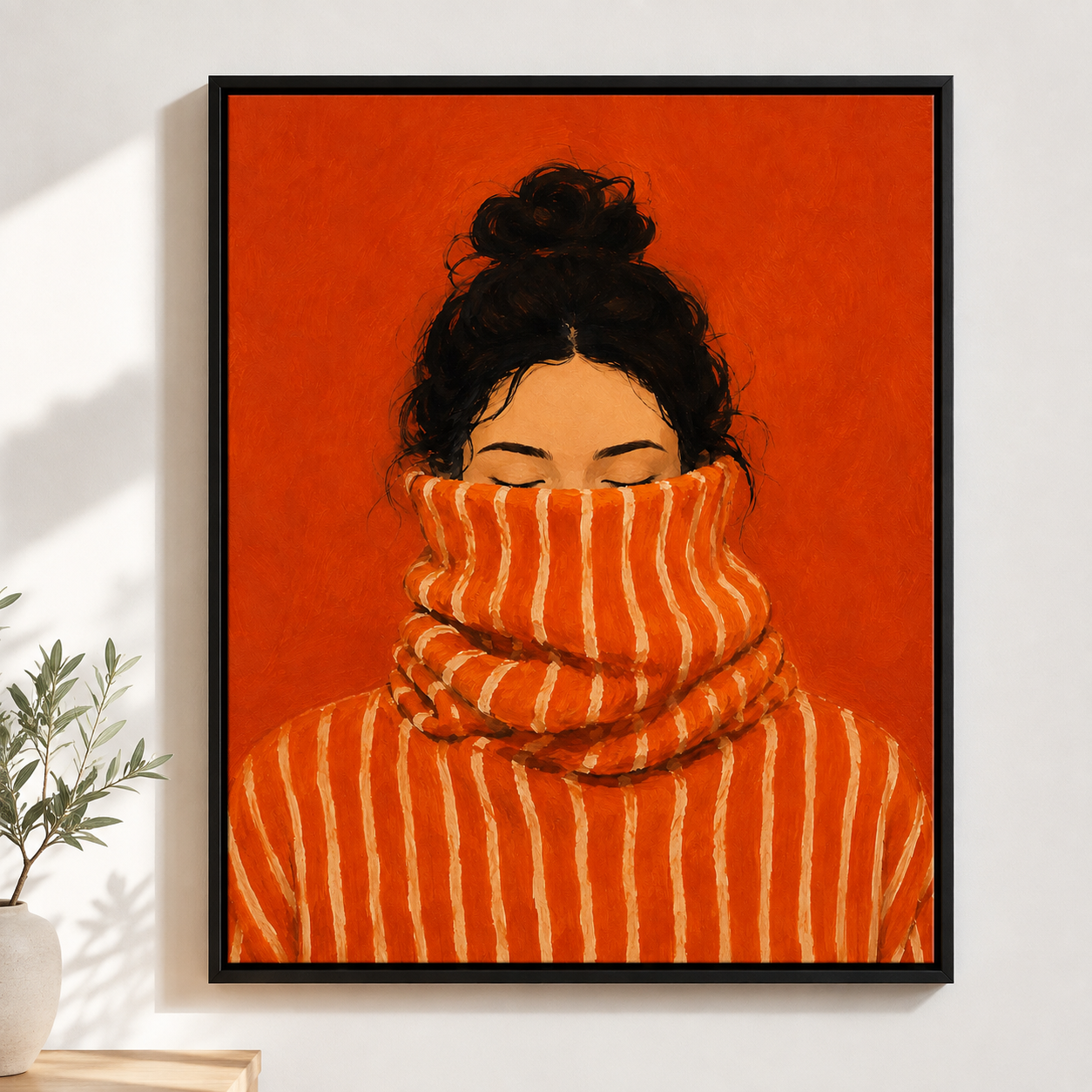 Cozy woman canvas wall art orange portrait black frame mockup