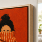 Cozy woman canvas wall art natural frame close-up