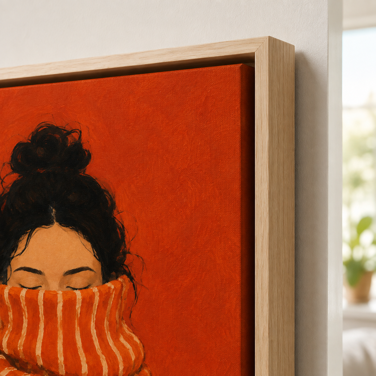 Cozy woman canvas wall art natural frame close-up