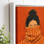 Cozy woman canvas wall art white frame close-up