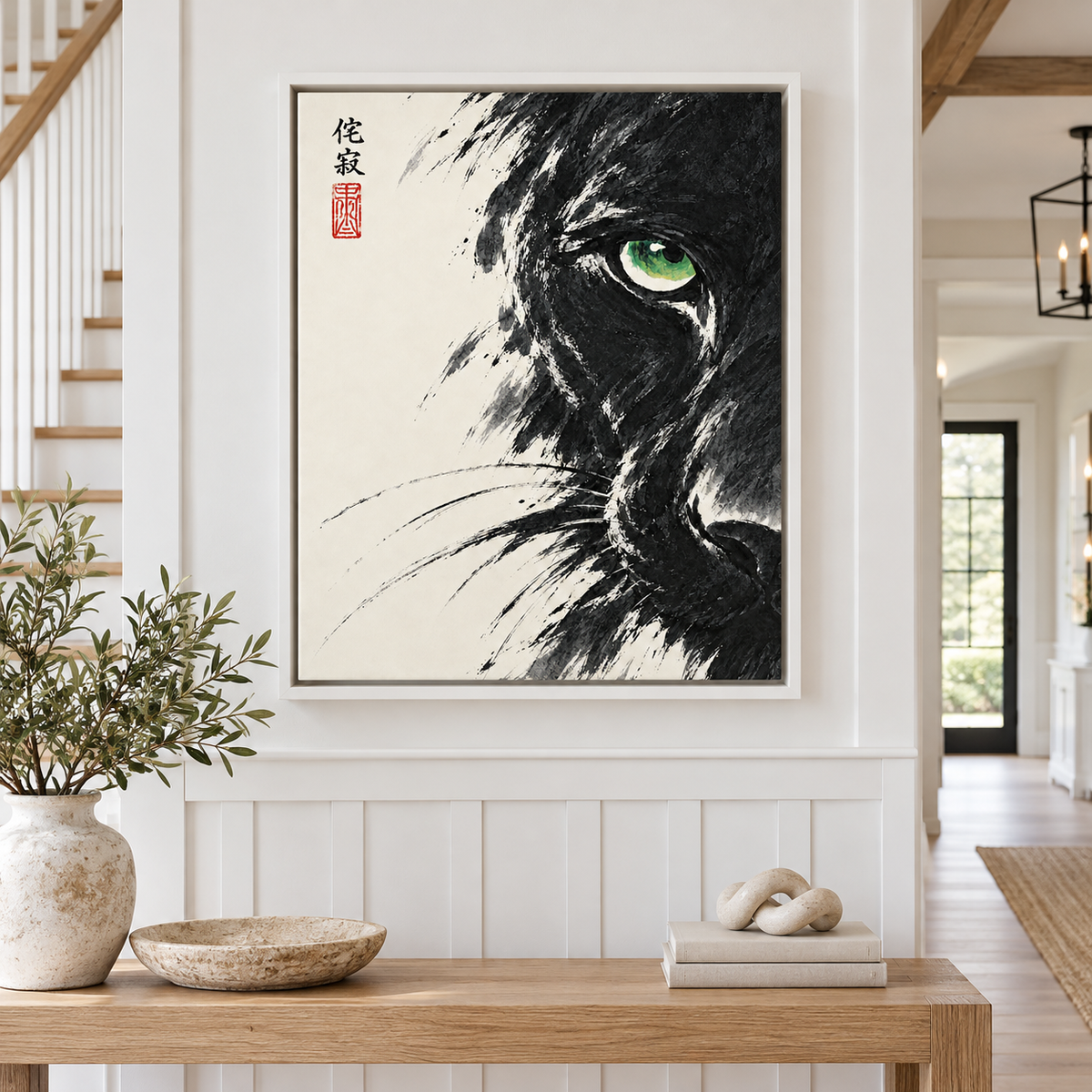 Japanese Black Cat Green Eye Canvas Wall Art