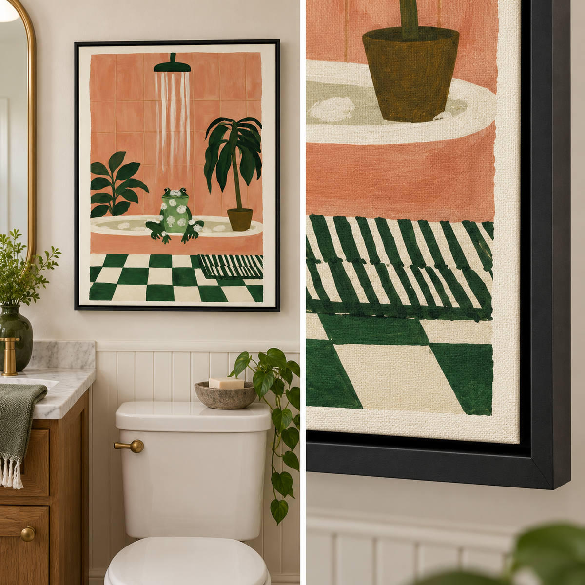 Funny Frog Bubble Bath Botanical Bathroom Canvas Wall Art